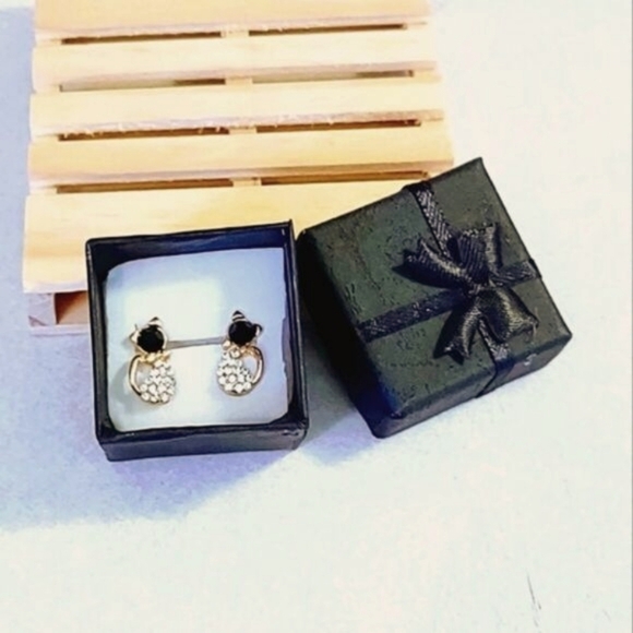 ONYX AND CZ GOLDTONE CAT EARRINGS - Picture 6 of 6